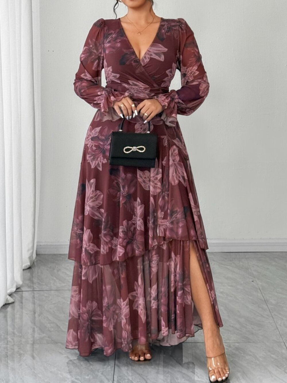 Multicolor Elegant Women's Floral Print Long Ruffle Dress